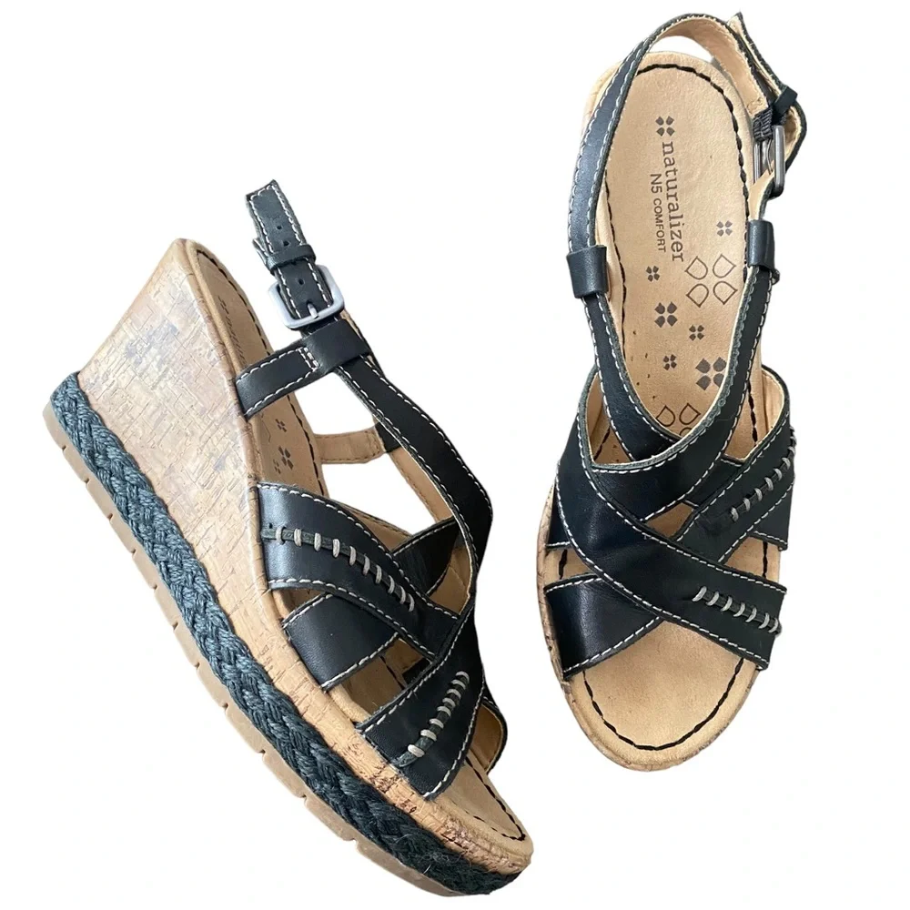 Naturalizer N5 Comfort Black Leather Strappy Cork Wedge Heel Sandal 9.5